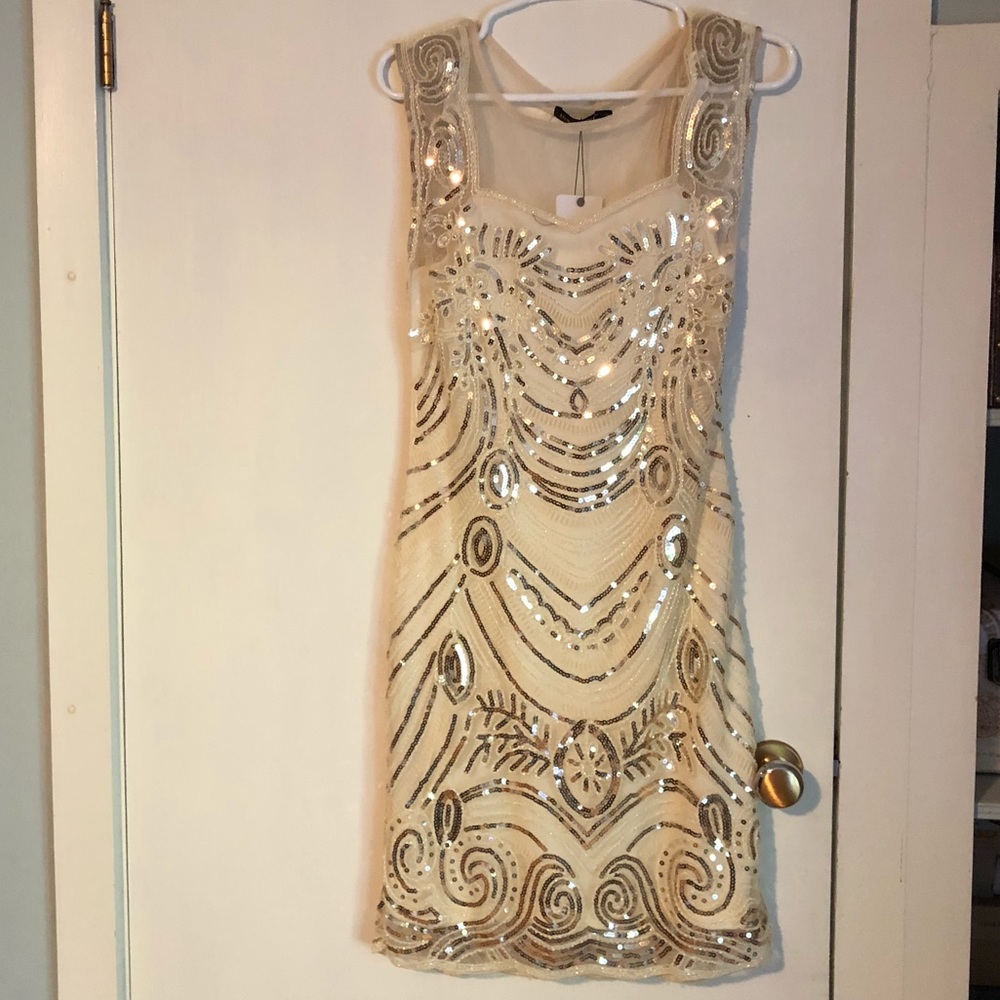 NYE Ivory/Champagne Sequined Gatsby Dress Size M